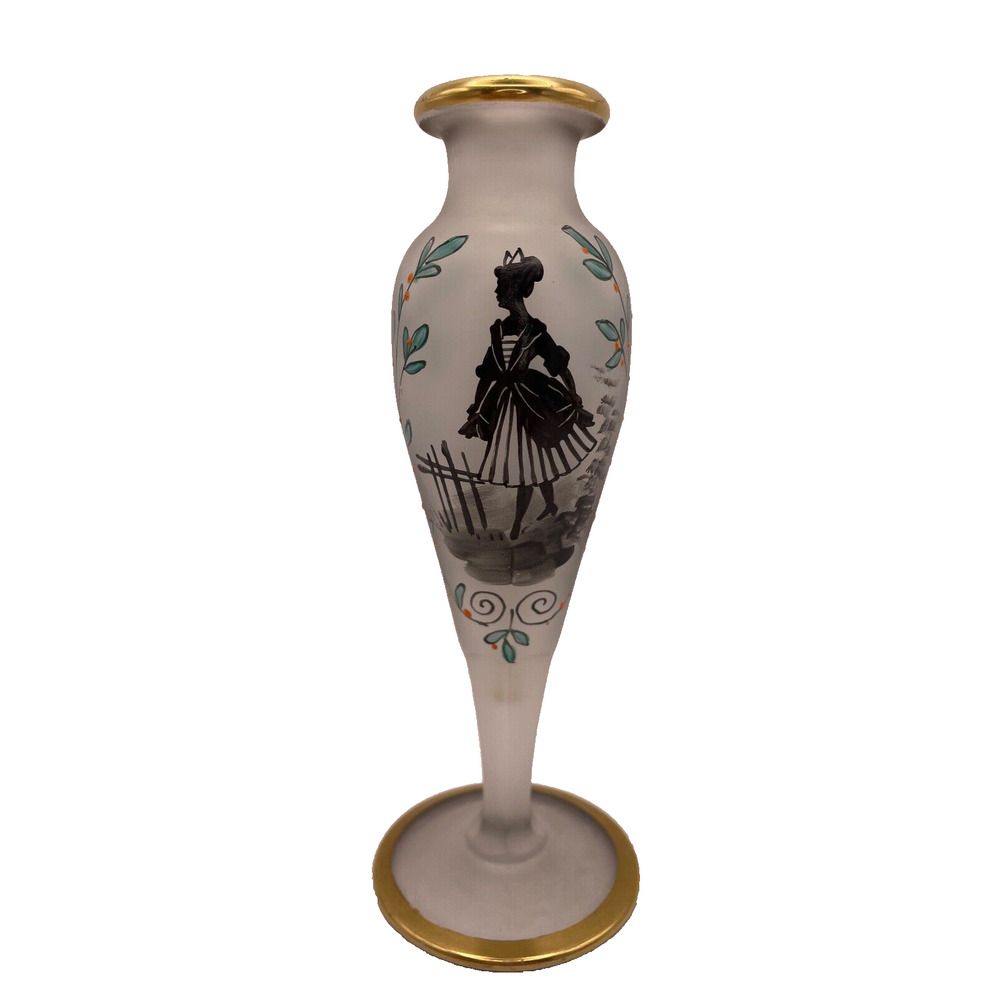 Dainty Handpainted Glass Vase French Ladies & Gold Gilt Pre-owned 6 in